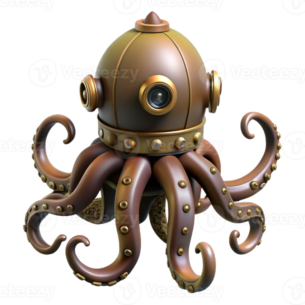 unforgettable modern Steampunk octopus automaton with articulated tentacles with Transparent Background refined png
