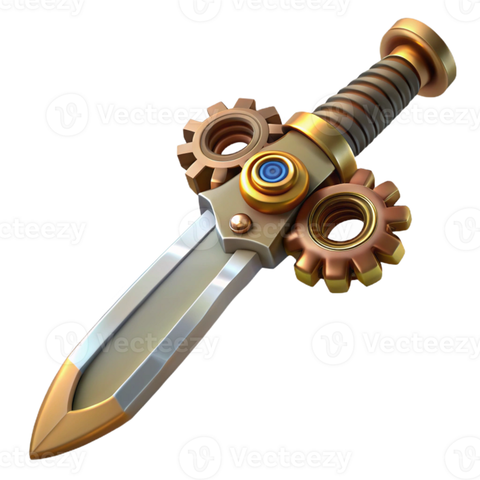 immaculate energetic geometric Steampunk sword with gears incorporated into the hilt and blade with Transparent Background 4K png