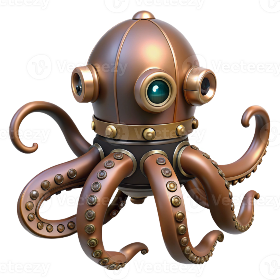 immaculate tranquil modern Steampunk octopus automaton with articulated tentacles with Transparent Background luxury png