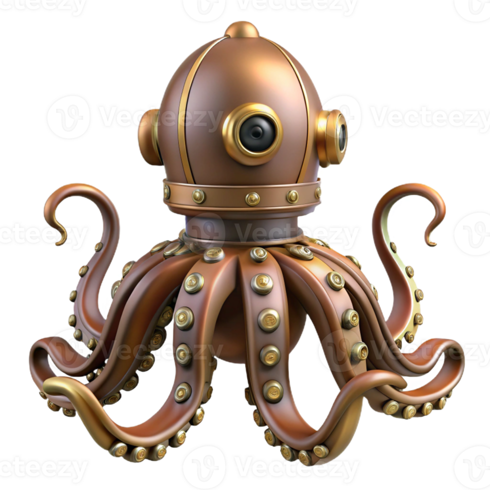 iconic contemporary Steampunk octopus automaton with articulated tentacles with Transparent Background original png
