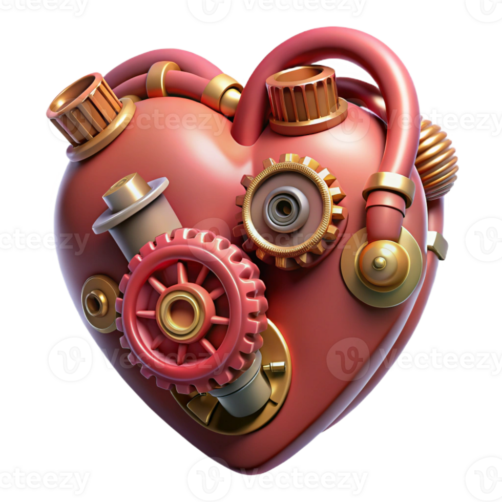 sumptuous modern Steampunk heart with exposed gears and pipes with Transparent Background studio quality png