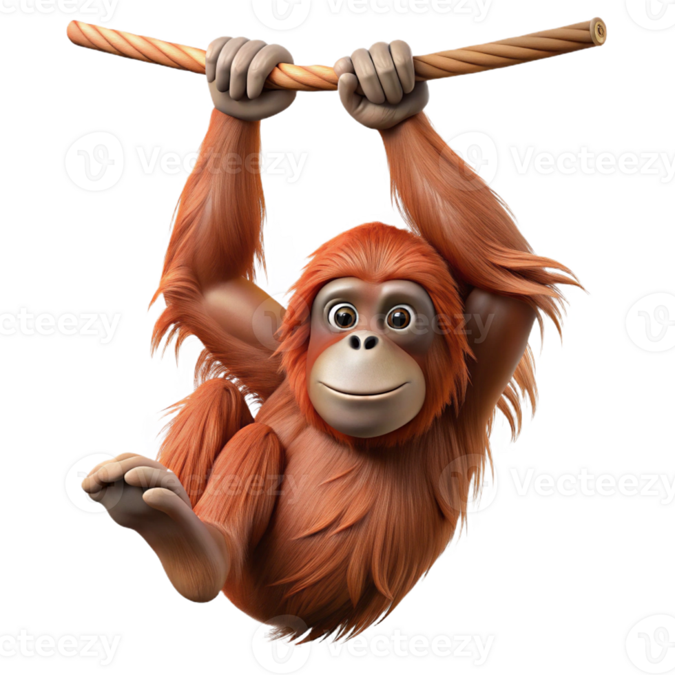 mesmerizing abstract Photorealistic, professional render, isolated cutout of a single orangutan, hanging from an invisible branch with Transparent Background luxury png