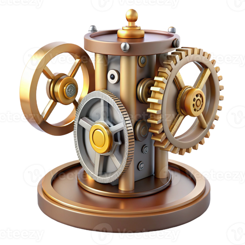 energetic dazzling Steampunk clockwork device with spinning gears and exposed mechanisms with Transparent Background artisan png