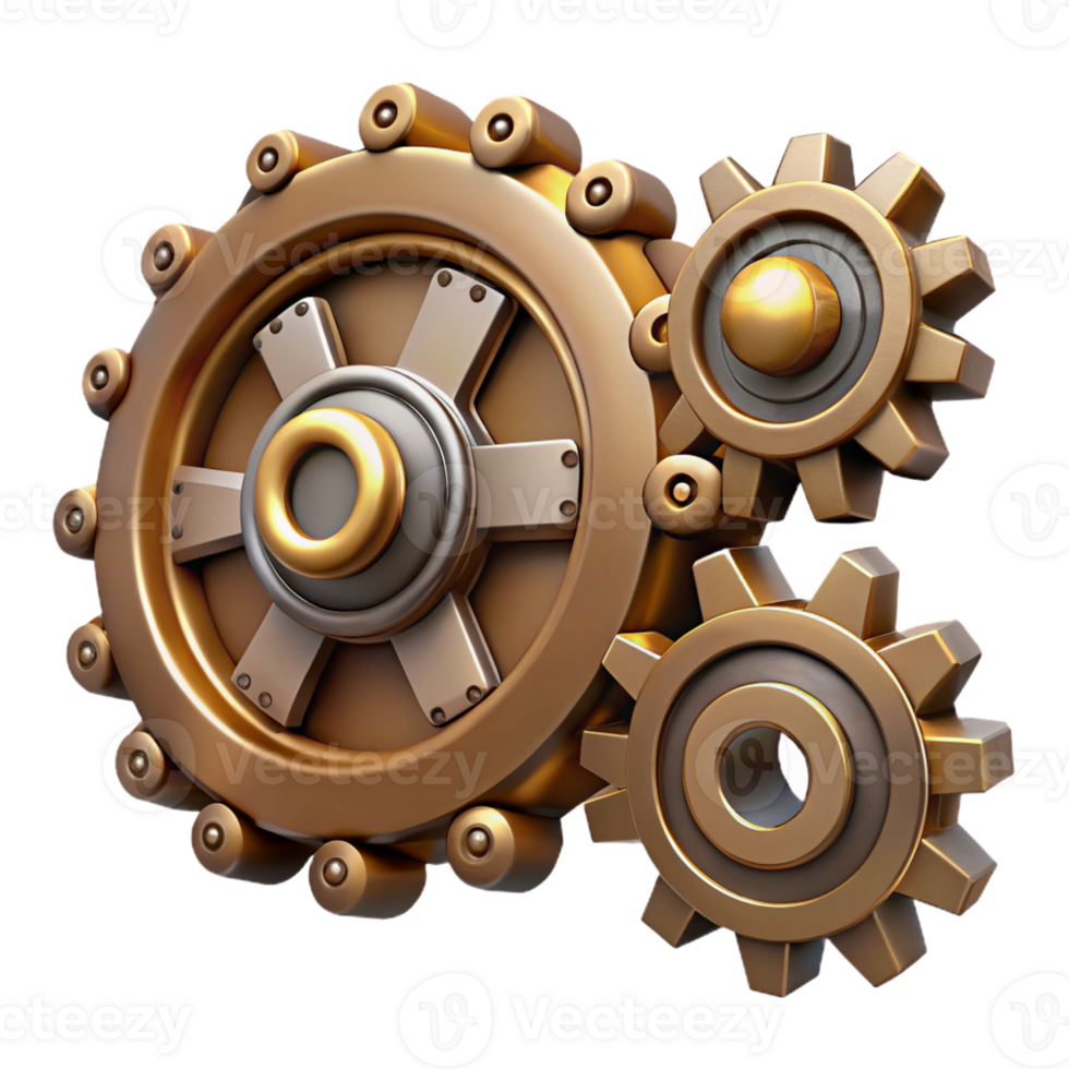 quintessential classic Steampunk gear set with various sizes and intricate teeth with Transparent Background 4K png