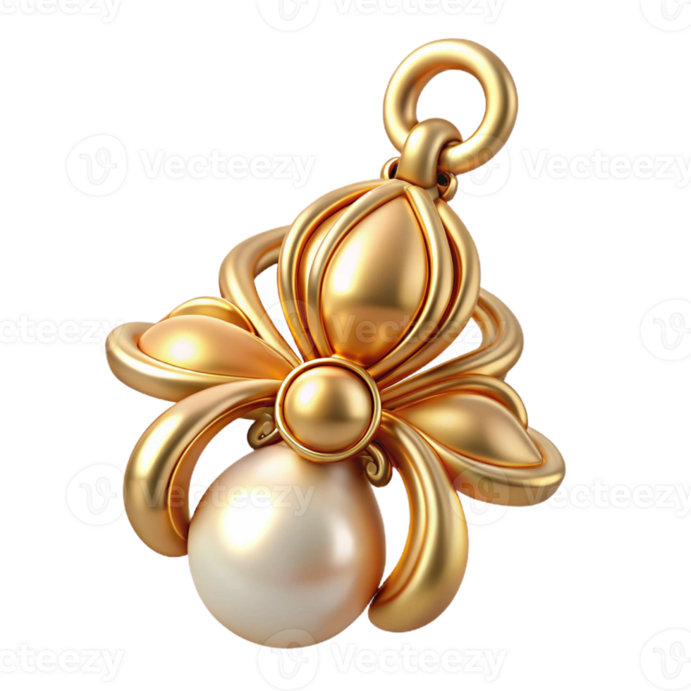 iconic artistic Hyper-specific, isolated cutout of a single Art Nouveau earring, gold with a dangling pearl and a stylized floral design with Transparent Background artisan png