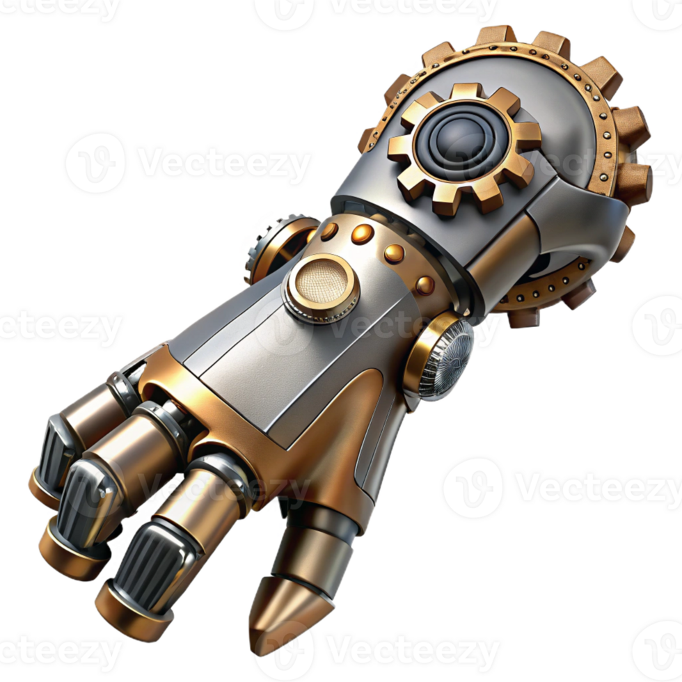 pristine standout Steampunk cyborg arm with intricate metal plating and exposed gears with Transparent Background png
