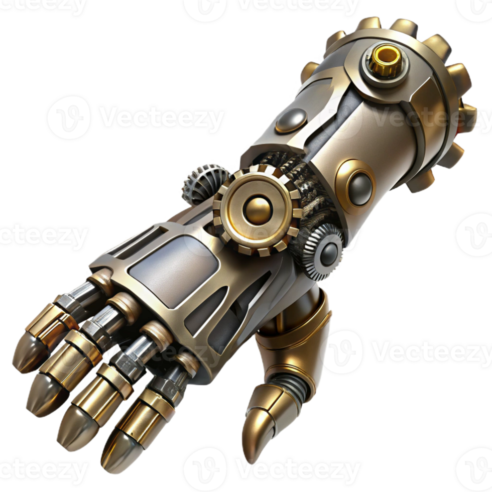 dazzling distinguished Steampunk cyborg arm with intricate metal plating and exposed gears with Transparent Background png