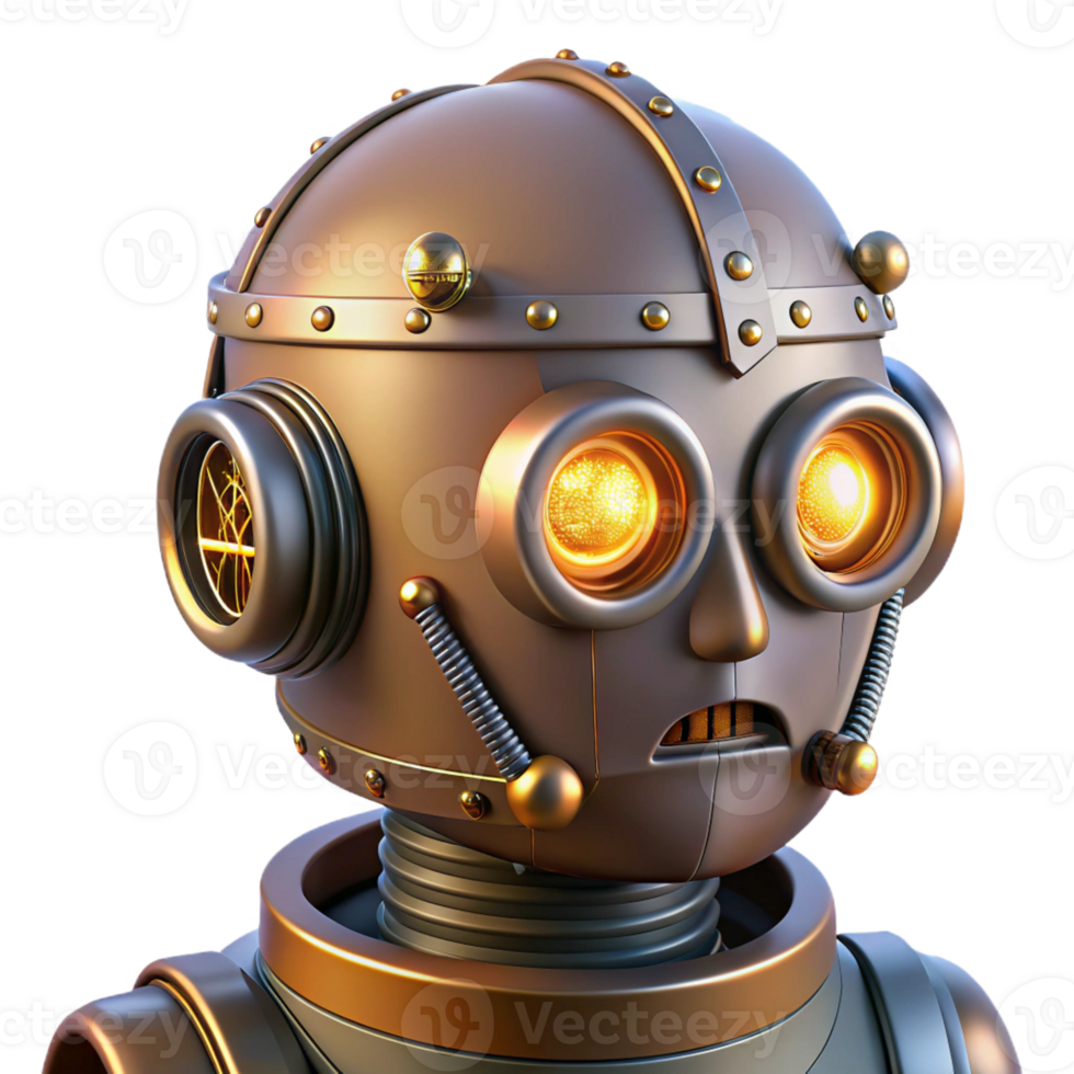mesmerizing exceptional Steampunk robot head with glowing eyes and exposed wiring with Transparent Background png