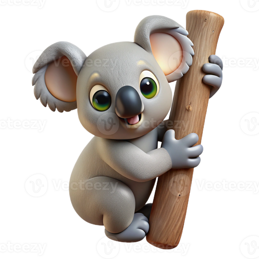 hypnotic dramatic art deco Ultra-detailed, hyper-specific isolated cutout of a single koala, clinging to an invisible tree trunk with Transparent Background crisp png
