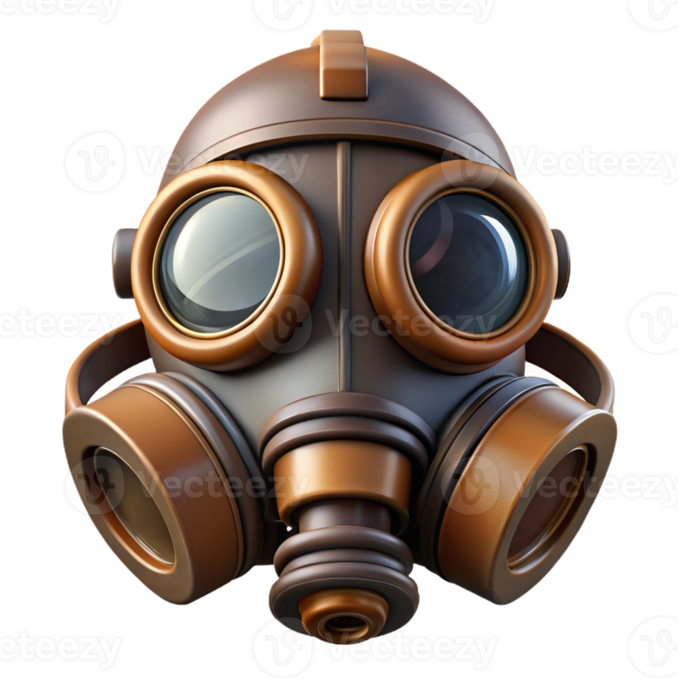 striking acclaimed Steampunk gas mask with tinted lenses and a filter canister with Transparent Background png