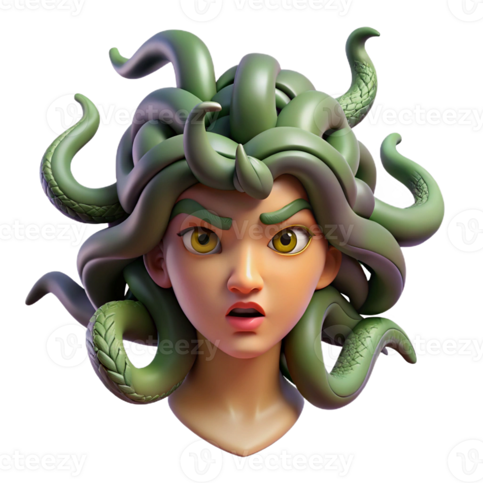 mesmerizing nostalgic avant-garde A menacing medusa with snakes for hair, with Transparent Background refined png