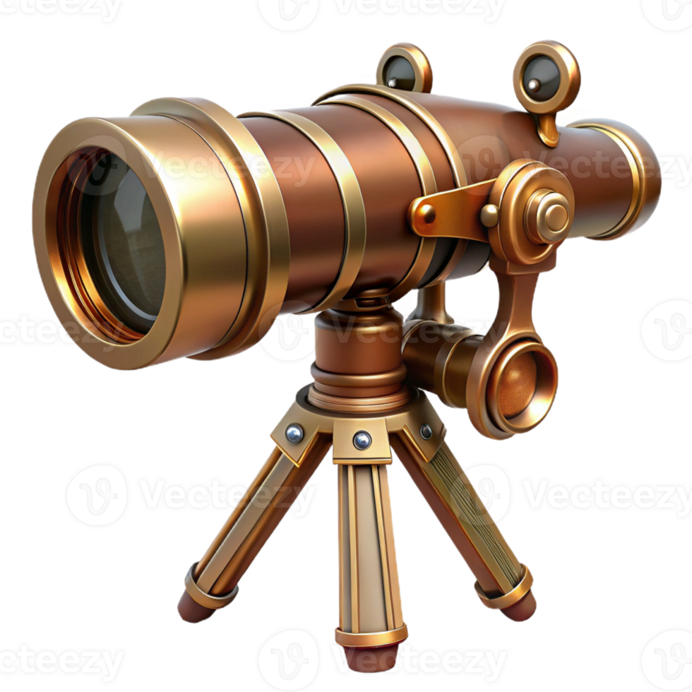 playful magnificent Steampunk telescope with brass and copper accents and a tripod mount with Transparent Background masterfully captured png