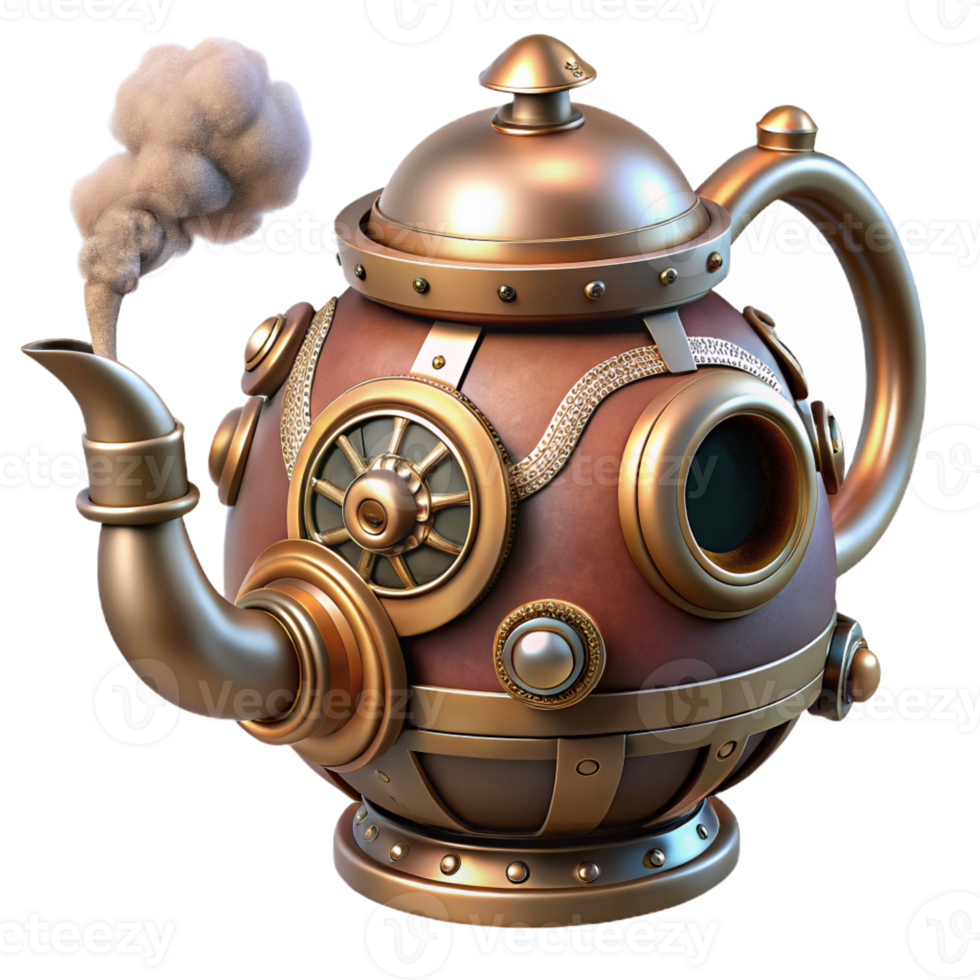 impressive organic Steampunk teapot with a steam vent and intricate detailing with Transparent Background masterfully captured png