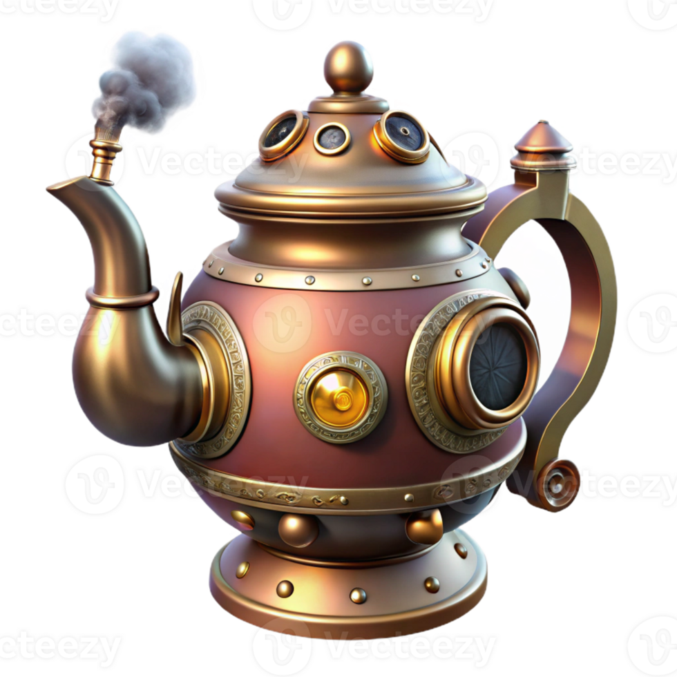 serene signature Steampunk teapot with a steam vent and intricate detailing with Transparent Background png