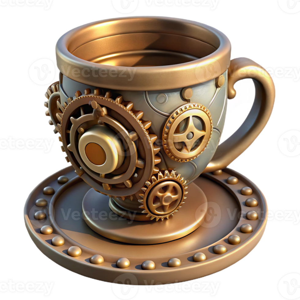 passionate picturesque Steampunk teacup with gears and intricate detailing on the saucer with Transparent Background precision png