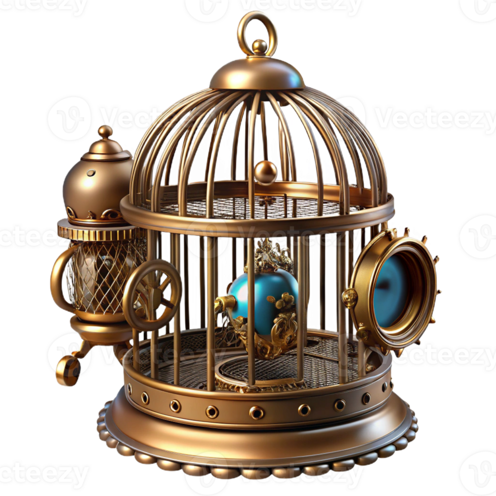 pristine impressionist Steampunk birdcage with intricate metalwork and a clockwork bird with Transparent Background 4K png