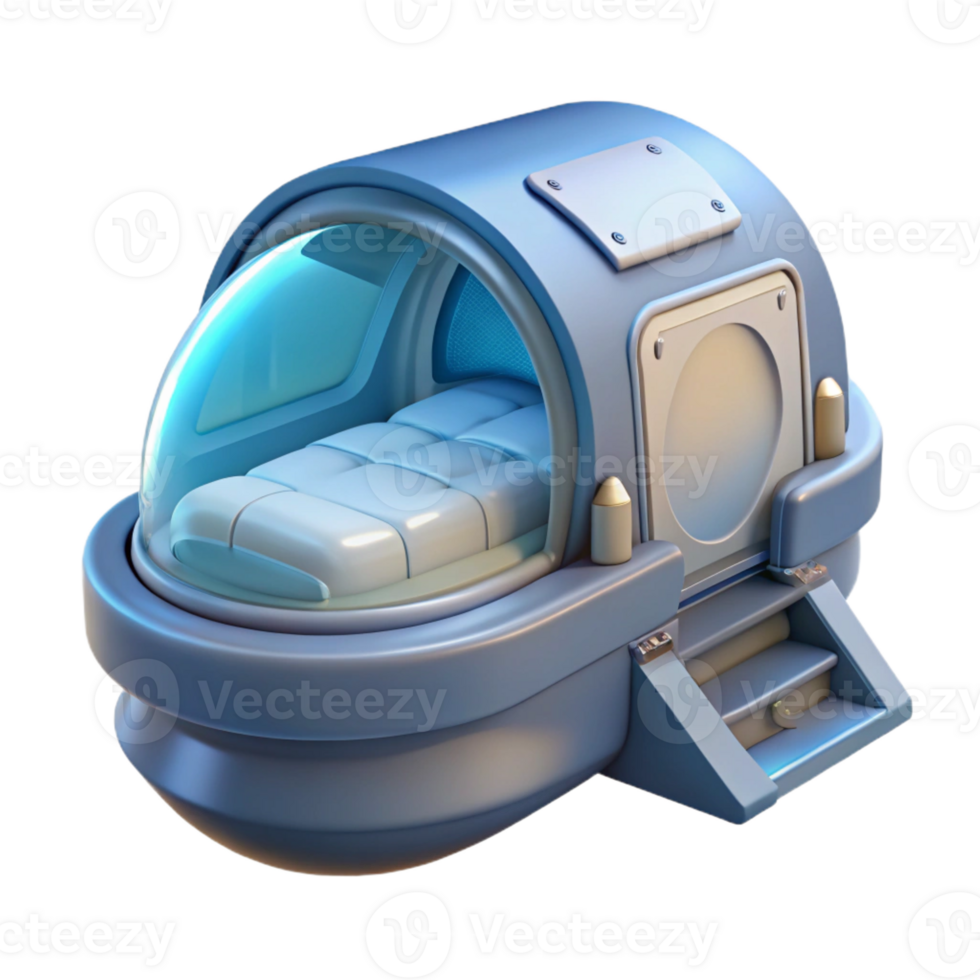 harmonious immaculate Isolated cutout, ultra-detailed, hyper-specific concept art style render of a cryogenic sleep pod with Transparent Background expertly shot png