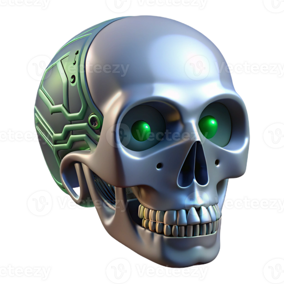 fascinating abstract Professional render, hyper-specific isolated cutout of a biomechanical skull with integrated circuit boards with Transparent Background handcrafted png