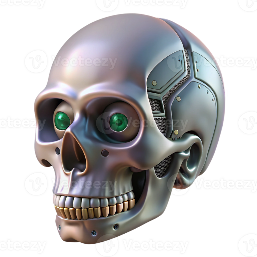 joyful radiant Professional render, hyper-specific isolated cutout of a biomechanical skull with integrated circuit boards with Transparent Background top-tier png