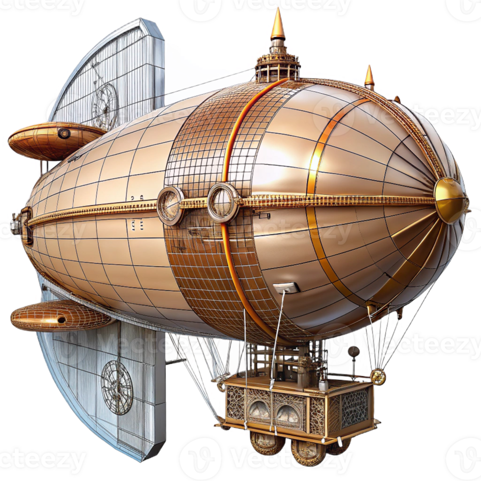 vibrant signature Steampunk airship blueprint with detailed schematics and annotations with Transparent Background png