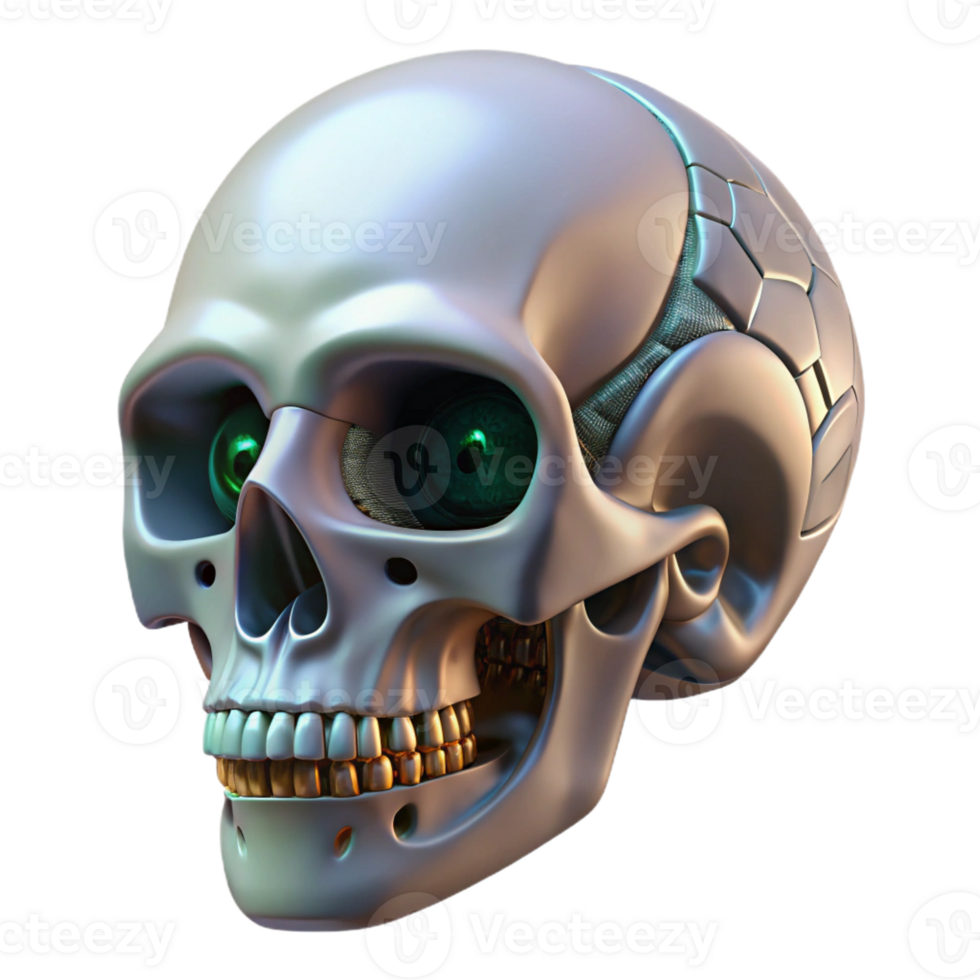 exceptional art deco Professional render, hyper-specific isolated cutout of a biomechanical skull with integrated circuit boards with Transparent Background high resolution png