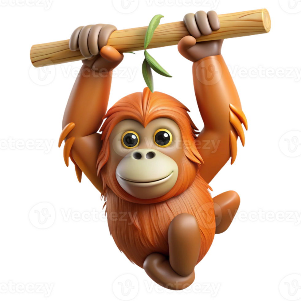 melancholic exquisite Orangutan, hanging from a branch branch not visible with Transparent Background professional png