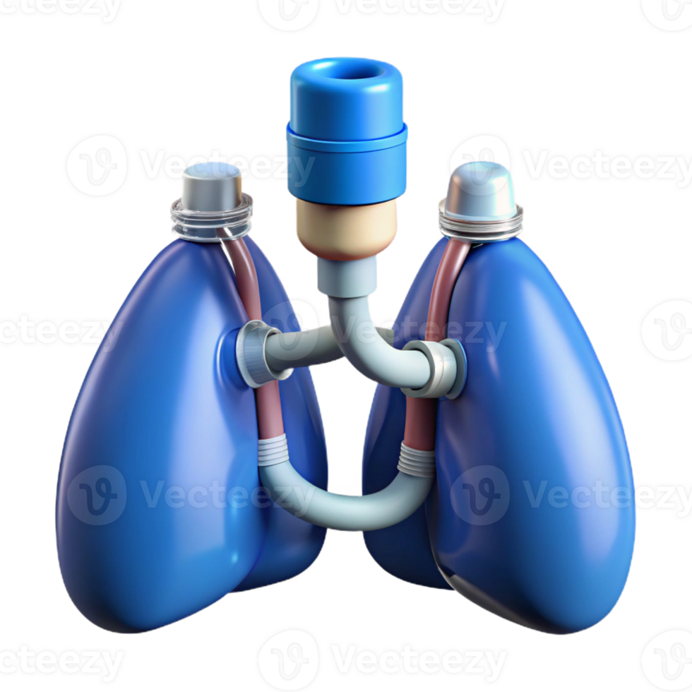 distinctive elegant Hyper-specific, professional render of a biomechanical lung with filtration systems and oxygen tanks, isolated cutout with Transparent Background masterfully captured png