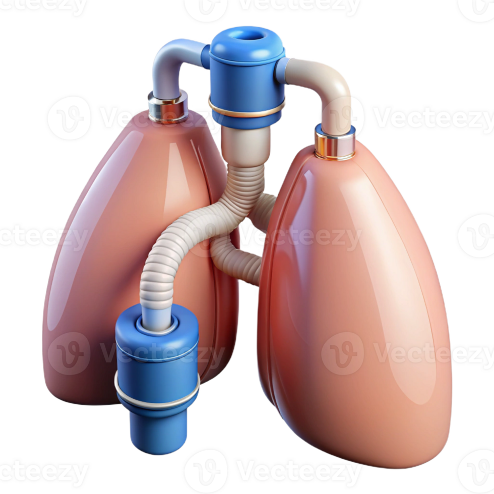 iconic tropical Hyper-specific, professional render of a biomechanical lung with filtration systems and oxygen tanks, isolated cutout with Transparent Background masterfully captured png
