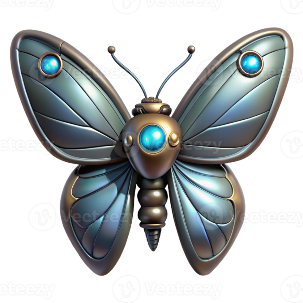 elegant avant-garde Concept art style, isolated cutout of a biomechanical butterfly with metallic wings and glowing antennae with Transparent Background masterfully captured png