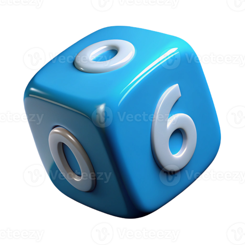 energetic sumptuous A single, realistic dice, showing the number six with Transparent Background refined png