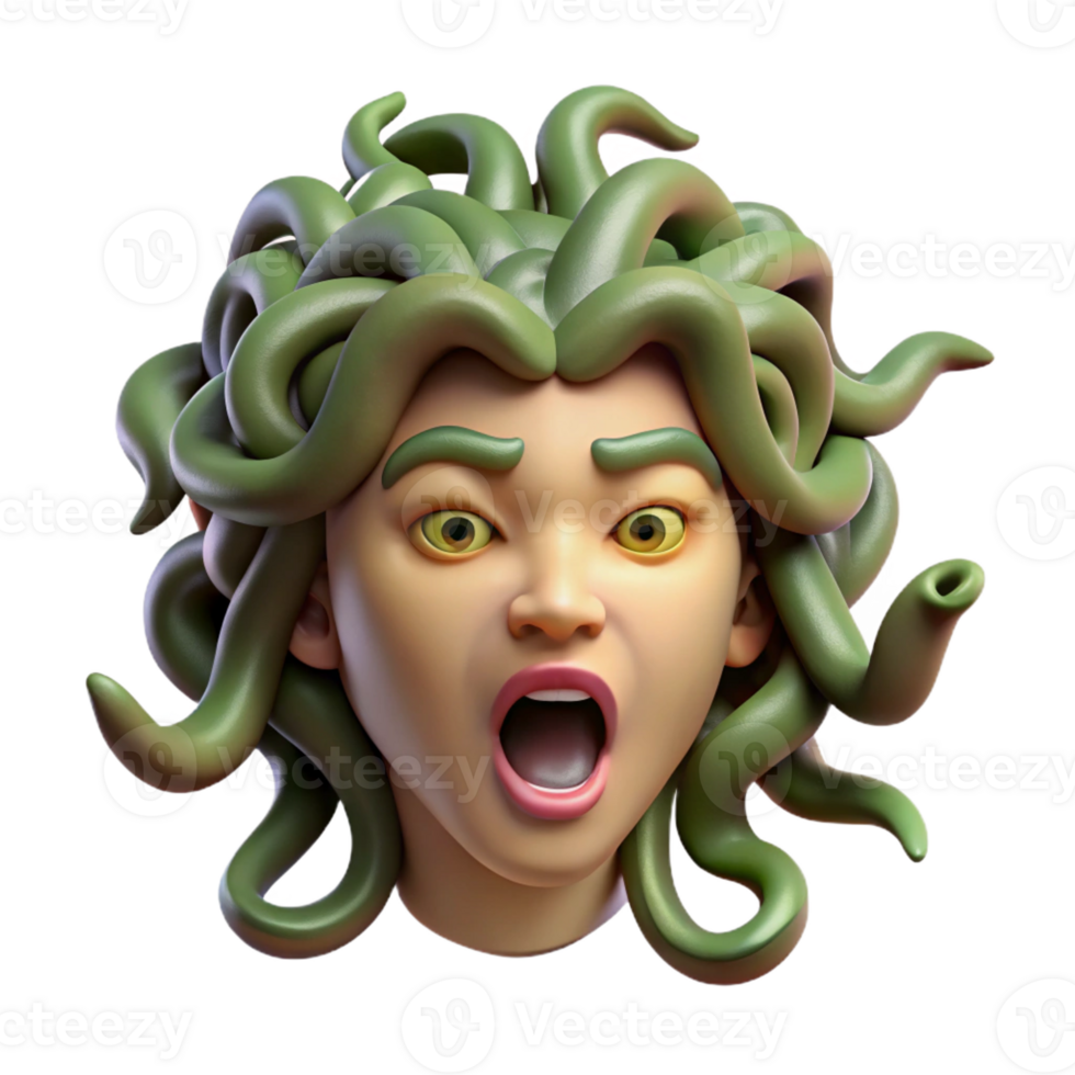 intense captivating Hyper-specific, photorealistic professional render of an isolated Medusa head, snakes meticulously detailed, eyes closed Isolated cutout with Transparent Background original png