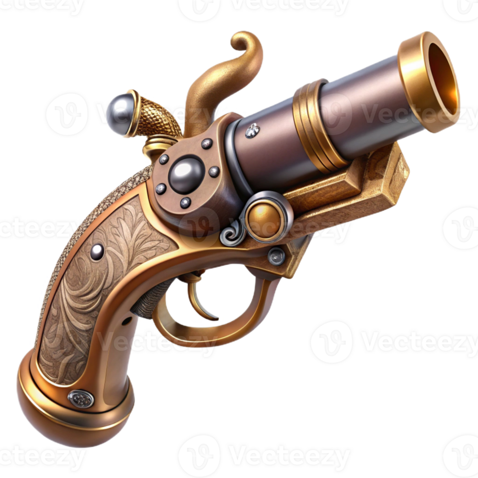dramatic glorious A steampunk pistol with intricate engravings and a pearl handle with Transparent Background perfect clarity png