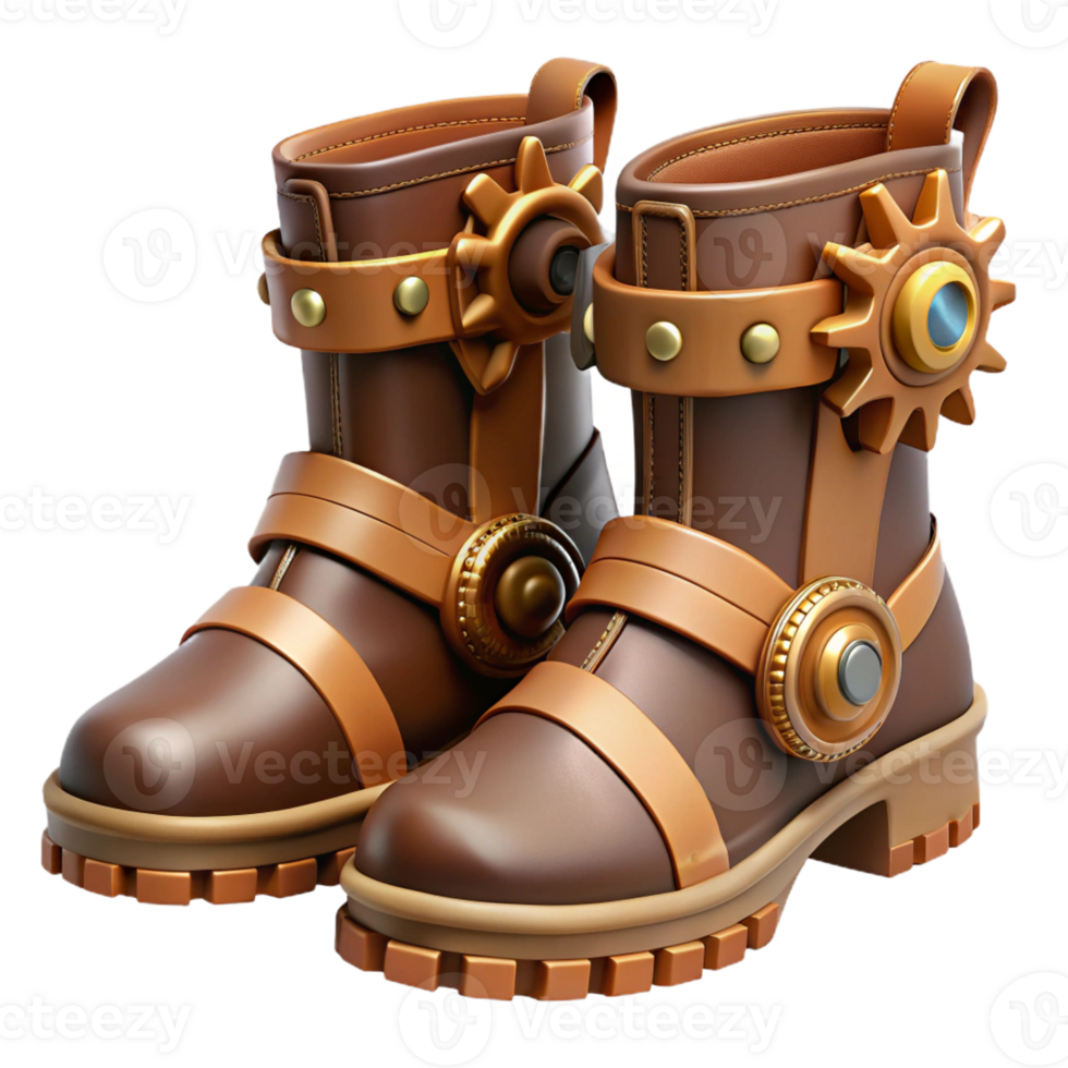 gorgeous intense bohemian Steampunk boots with buckles, gears, and leather straps with Transparent Background elite png
