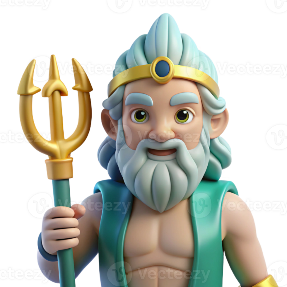 gorgeous rare Poseidon, God of the Sea, holding trident, stern expression with Transparent Background png