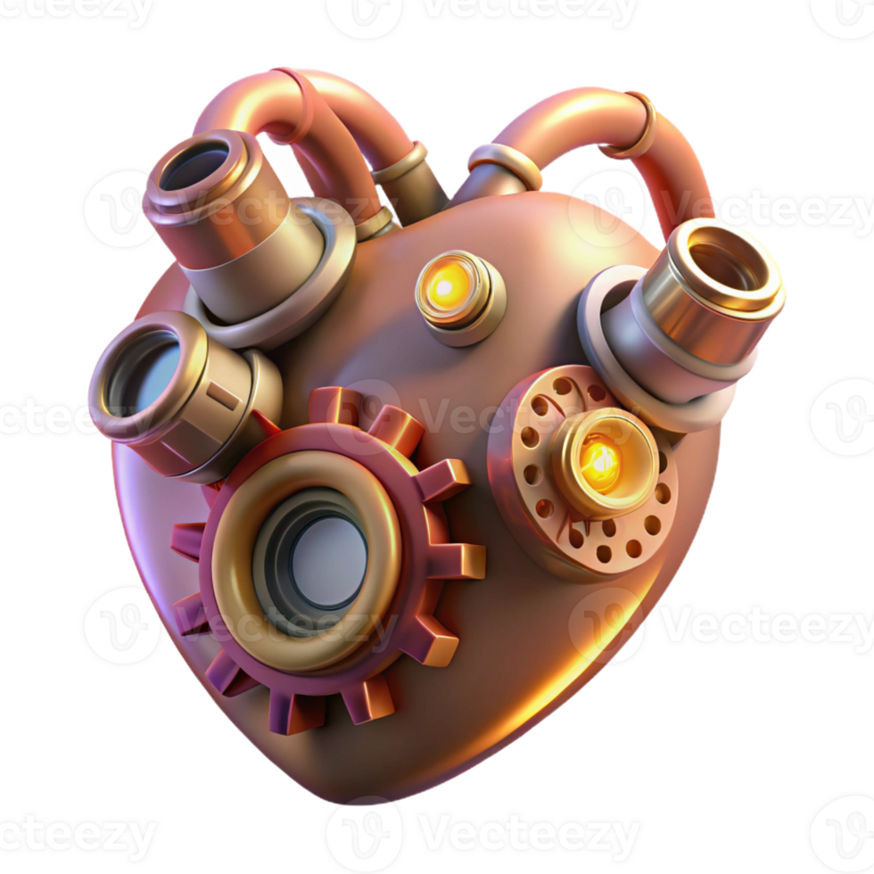 dynamic exquisite Steampunk heart with gears, pipes, and glowing valves with Transparent Background masterfully captured png