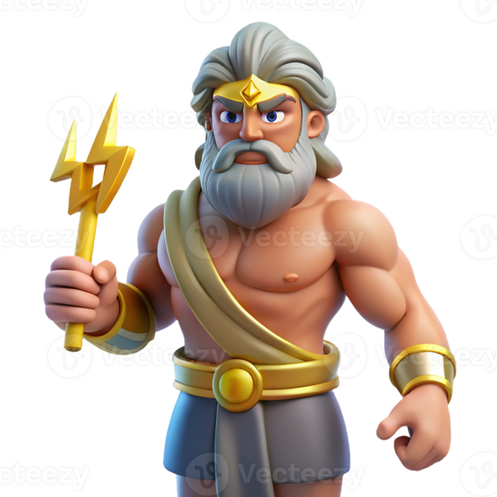 magnificent reflective elegant Zeus, King of the Gods, muscular, holding lightning bolt with Transparent Background premium png