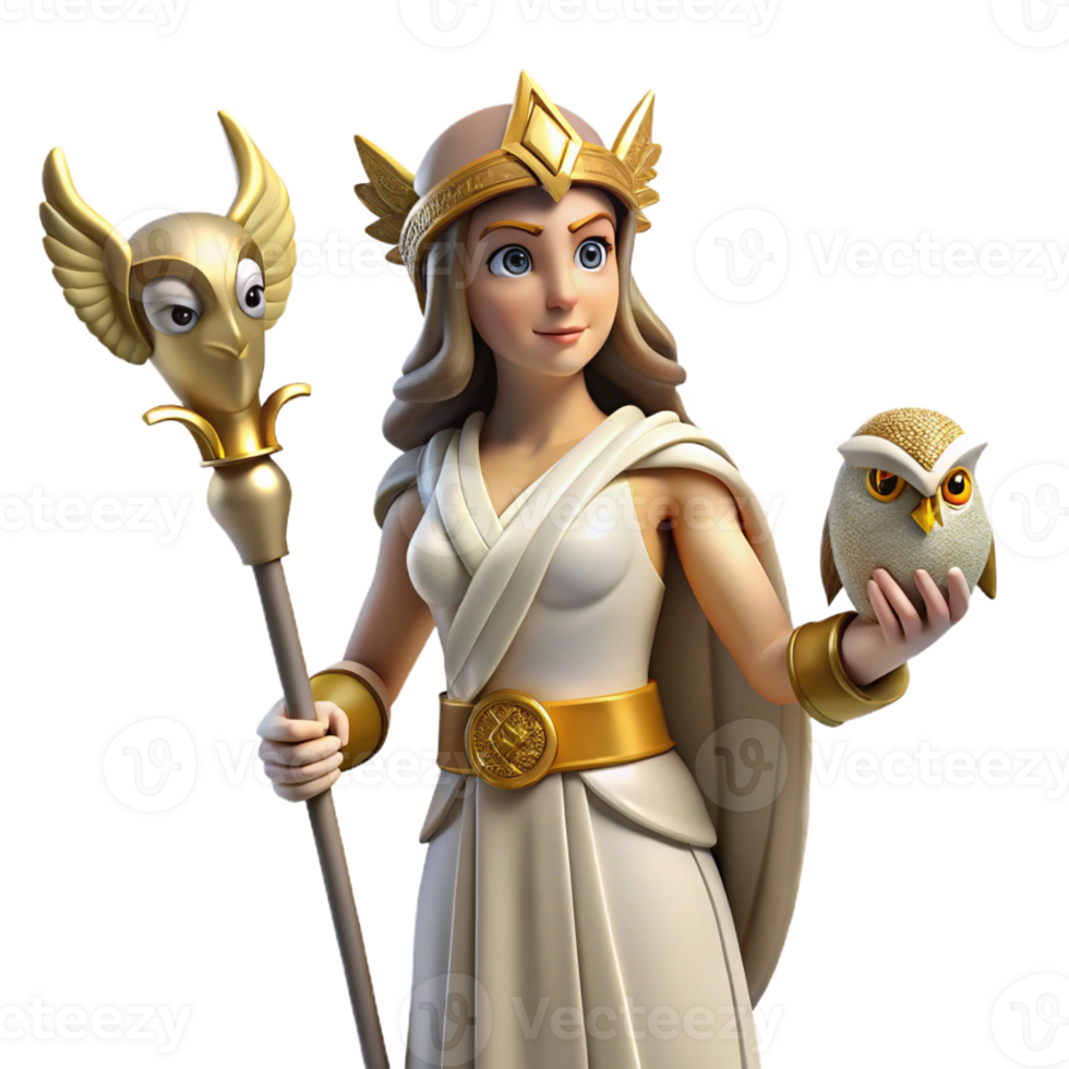 majestic art deco Athena, Goddess of Wisdom, holding an owl and spear with Transparent Background sharp png