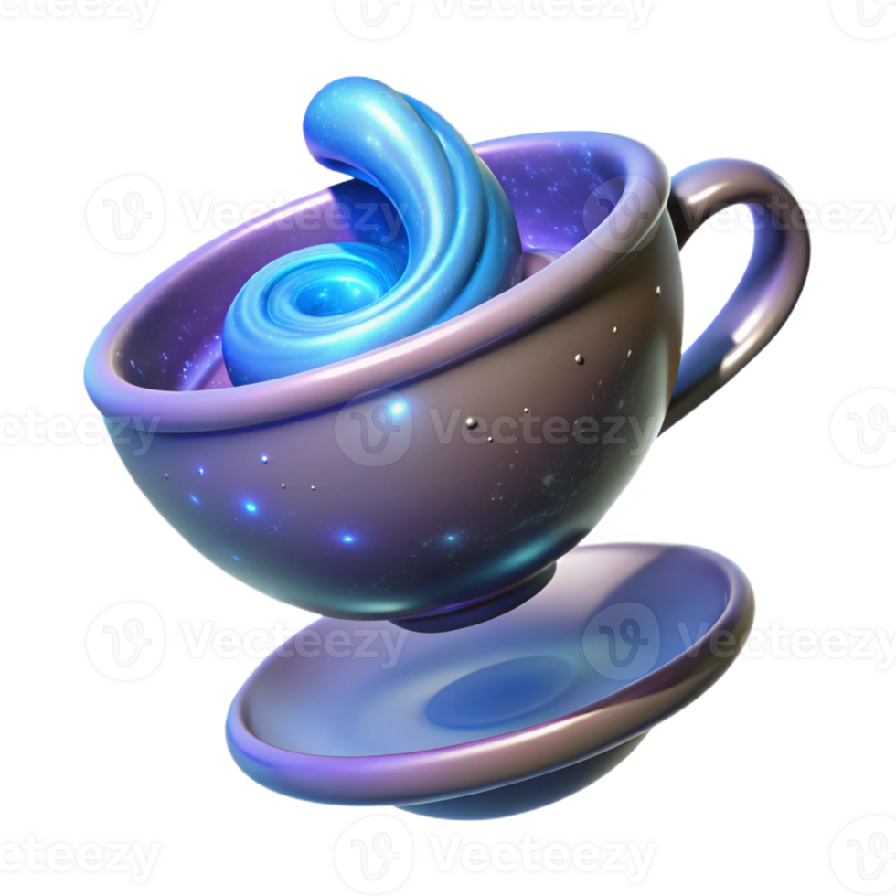 joyful pristine Ultra-detailed, professional render of a levitating teacup filled with swirling cosmic dust with Transparent Background expertly shot png