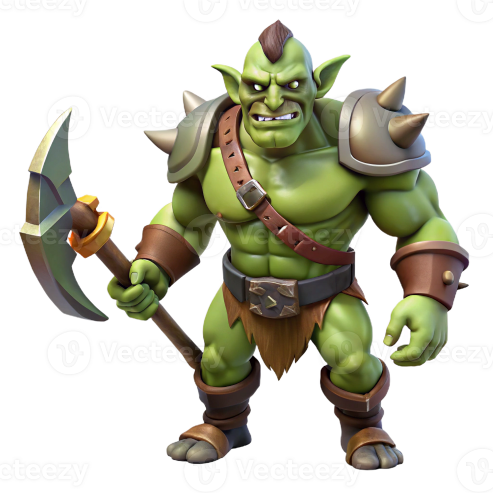 intense enchanting A powerful orc warrior, battle-axe in hand, scarred face with Transparent Background original png