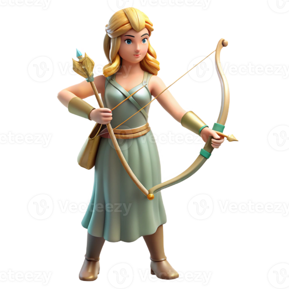 exceptional victorian Artemis, Goddess of the Hunt, holding a bow and arrow with Transparent Background artisan png