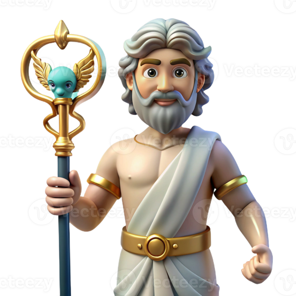 joyful pristine Hermes, Messenger God, holding a caduceus with Transparent Background crisp png