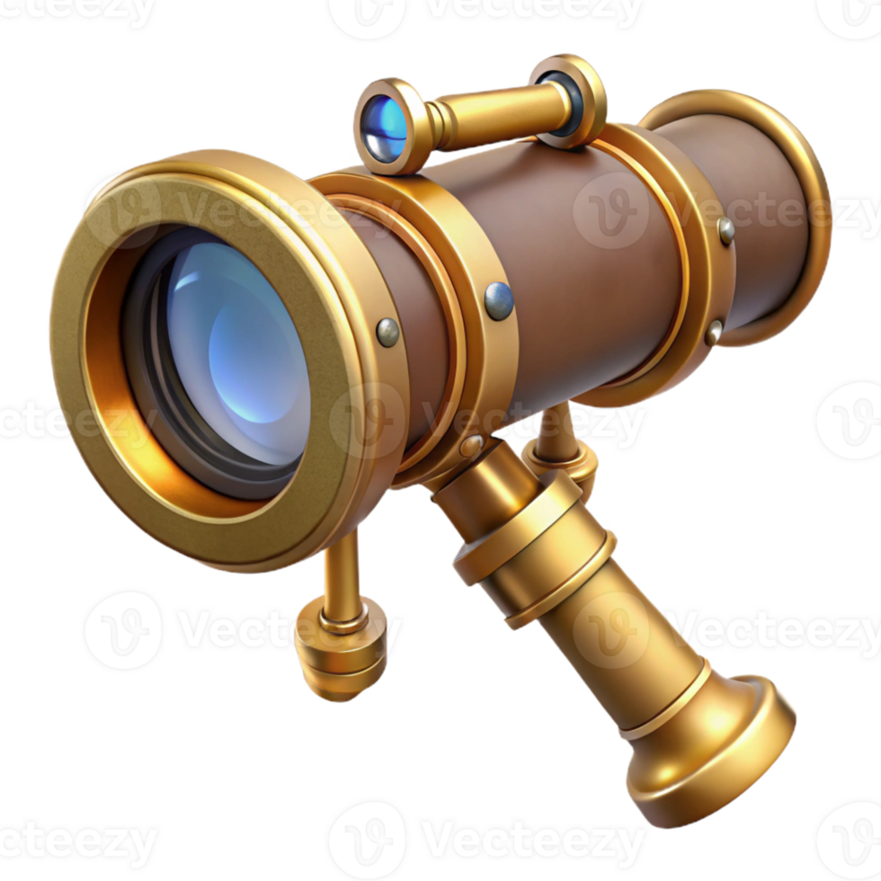 hypnotic whimsical organic Steampunk telescope with brass tubing and a magnifying lens with Transparent Background detailed png