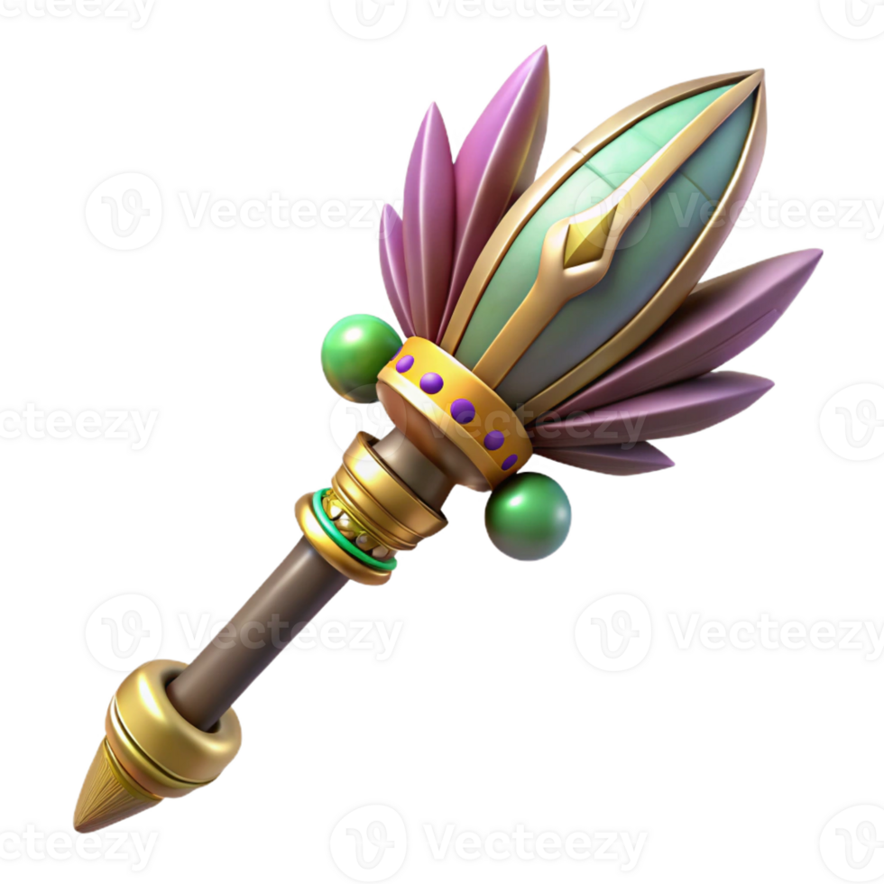 intense vibrant Hyper-specific concept art style isolated cutout of a tribal chieftain's staff, ultra-detailed, adorned with feathers and beads with Transparent Background exclusive png