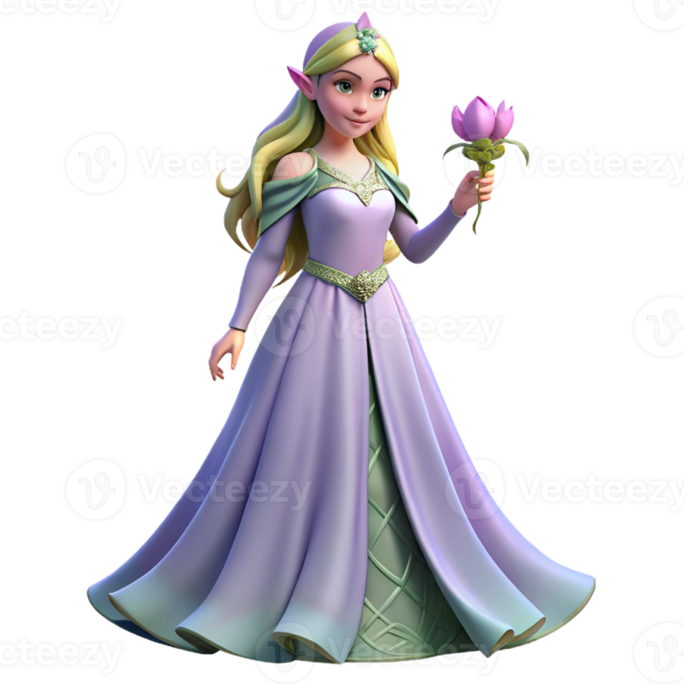 melancholic elegant A beautiful elven princess, flowing gown, holding a flower with Transparent Background fine detail png