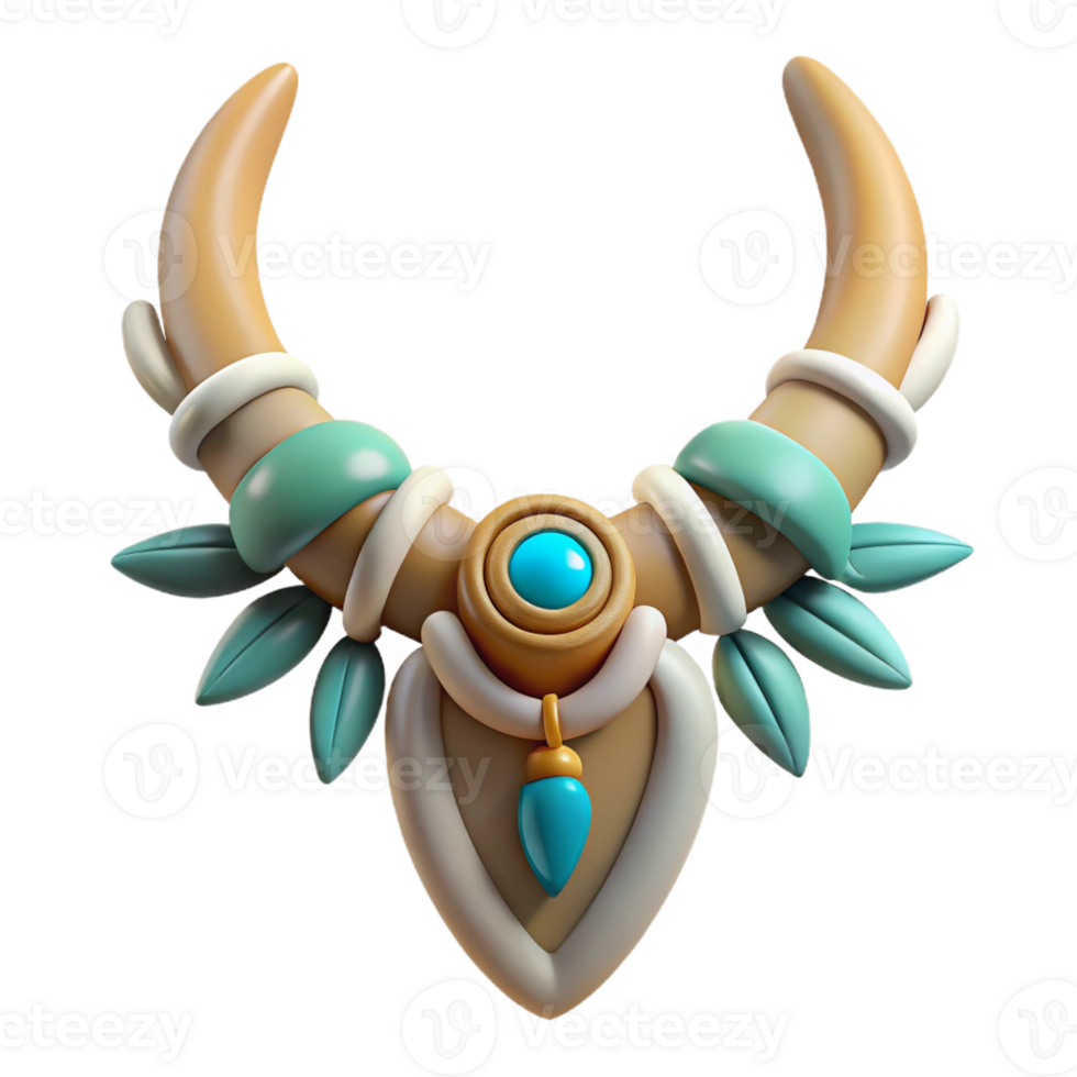 playful captivating Concept art style, isolated cutout of a tribal shaman's intricately carved bone necklace with turquoise and feather accents with Transparent Background ultra HD png