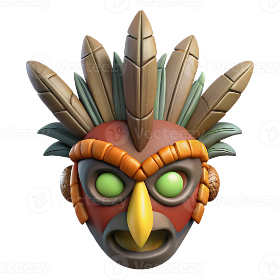 captivating dramatic avant-garde Photorealistic professional render, isolated cutout, ultra-detailed tribal mask made of bark and feathers with Transparent Background original png