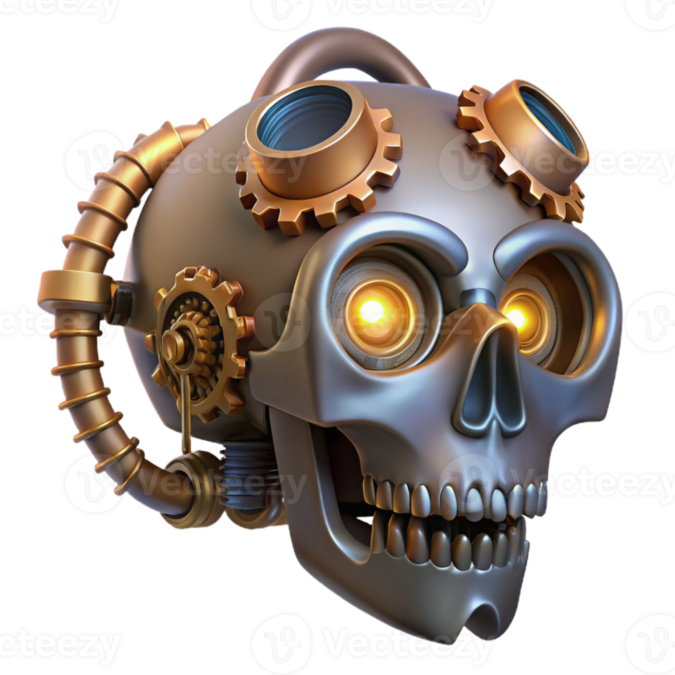 fascinating acclaimed Steampunk skull with gears, pipes, and glowing LEDs with Transparent Background png