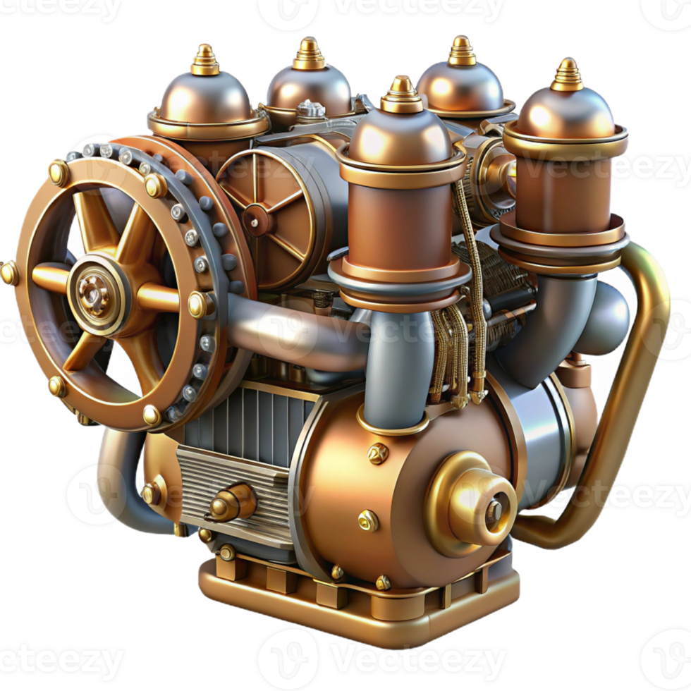 gorgeous unparalleled Steampunk airship engine with pistons, gears, and copper pipes with Transparent Background png