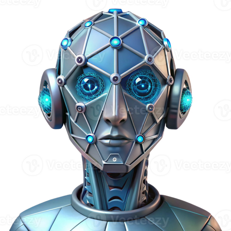 unparalleled rustic Crystalline robot head, intricate wiring, glowing optics with Transparent Background authentic png
