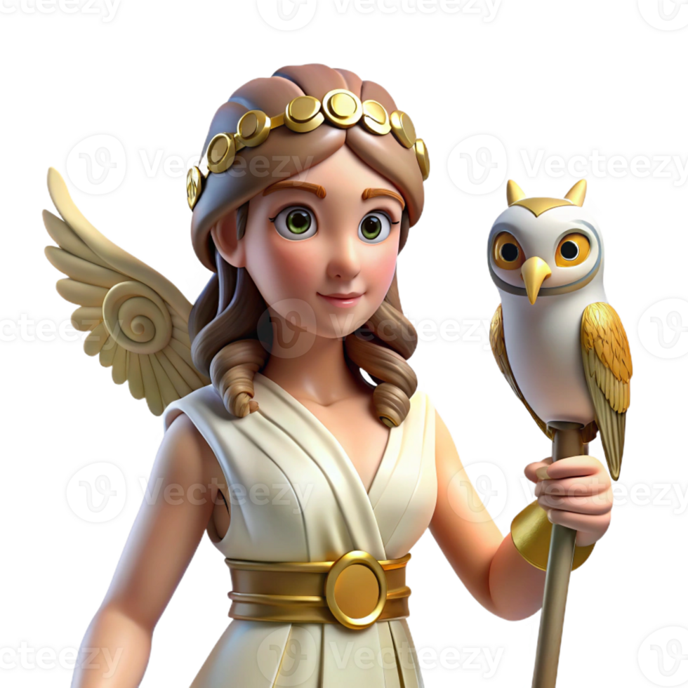 magnificent playful elegant Athena, Goddess of Wisdom, holding owl, with Transparent Background high resolution png